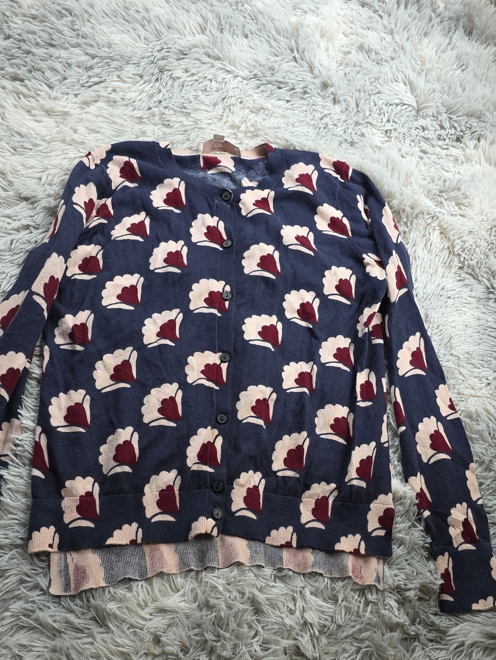LOFT Navy Cardigan with Cream and Burgundy Floral Motif